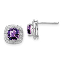 Load image into Gallery viewer, Sterling Silver Rhodium Plated Amethyst and Diamond Post Earrings