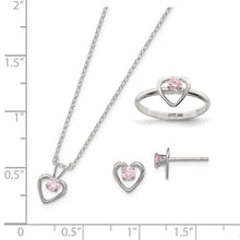 Load image into Gallery viewer, Sterling Silver Polished Pink CZ Heart Children's 15in Necklace, Size 3 Ring and Post Earrings Set