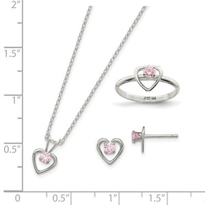 Sterling Silver Polished Pink CZ Heart Children's 15in Necklace, Size 3 Ring and Post Earrings Set