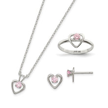 Load image into Gallery viewer, Sterling Silver Polished Pink CZ Heart Children's 15in Necklace, Size 3 Ring and Post Earrings Set