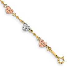 Load image into Gallery viewer, 14k Tri-color Diamond-cut Puff Heart Bracelet