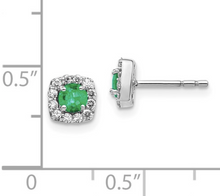 Load image into Gallery viewer, 14k White Gold Diamond and Emerald Square Halo Earrings
