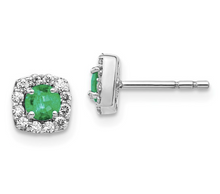 Load image into Gallery viewer, 14k White Gold Diamond and Emerald Square Halo Earrings
