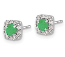 Load image into Gallery viewer, 14k White Gold Diamond and Emerald Square Halo Earrings
