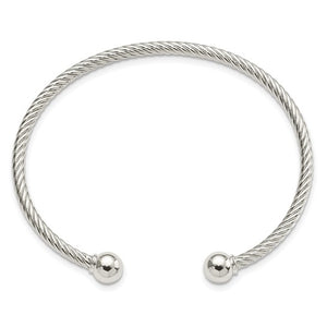 Sterling Silver Rhod-plated Twisted with 1 Thread Ball Cuff Bangle