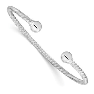 Sterling Silver Rhod-plated Twisted with 1 Thread Ball Cuff Bangle