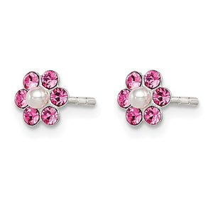 Sterling Silver Polished Children's Stellux Crystal and Imitation Pearl Flower Post Earring Set