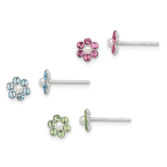 Sterling Silver Polished Children's Stellux Crystal and Imitation Pearl Flower Post Earring Set