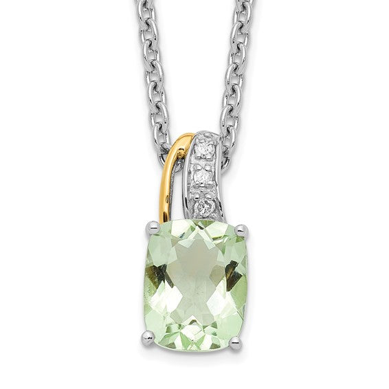 Brilliant Gemstones Sterling Silver with 14K Accent Rhodium-plated Green Quartz and Diamond Necklace