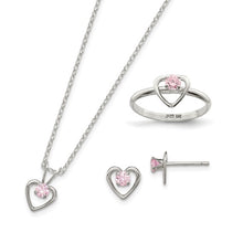 Load image into Gallery viewer, Sterling Silver Polished Pink CZ Heart Children&#39;s 15in Necklace, Size 3 Ring and Post Earrings Set
