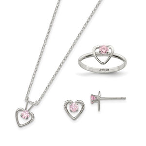 Sterling Silver Polished Pink CZ Heart Children's 15in Necklace, Size 3 Ring and Post Earrings Set