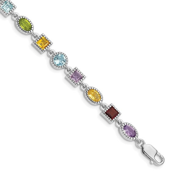Sterling Silver 7inch Rhod Plated Rainbow Multi-gemstone Bracelet