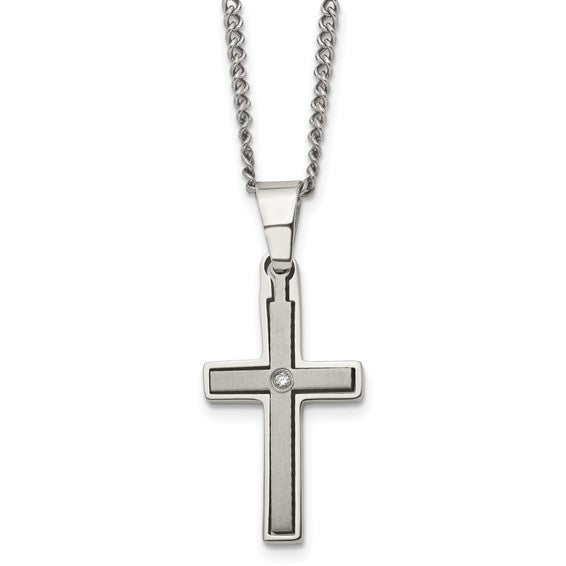 Titanium Brushed and Polished with .03ct Diamond Cross 22in Necklace