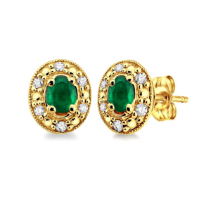 Oval Shape Emerald Gemstone & Diamond Earrings